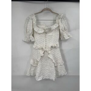 Sabo Luxe Mini Dress Women 4 White Ruffle Textured Floral Peasant Milkmaid